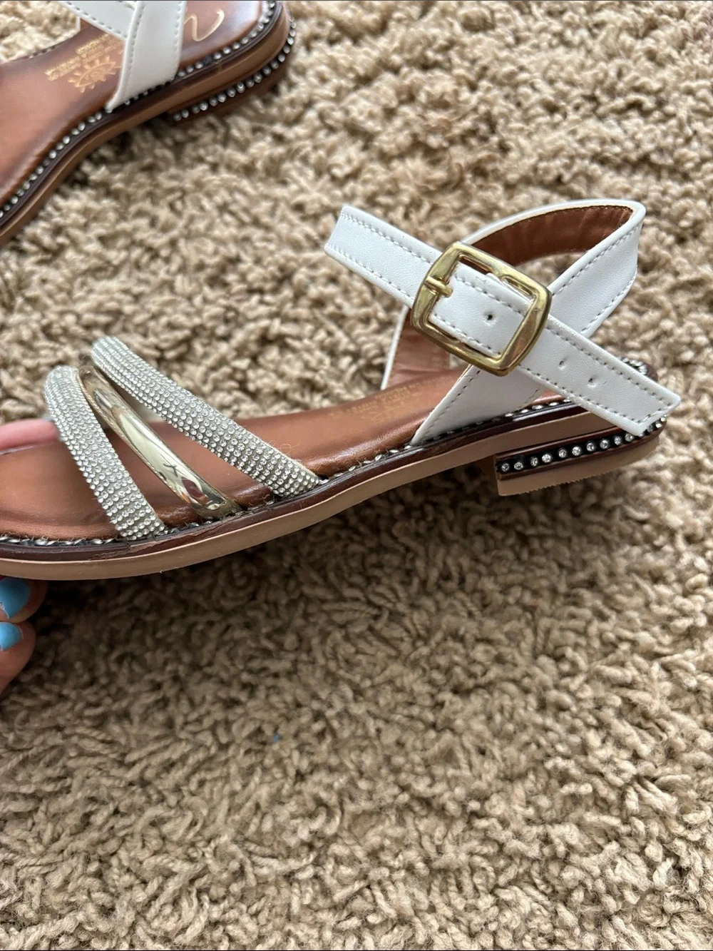 Jewel White and Gold Rhinestone Strap Kids Sandals